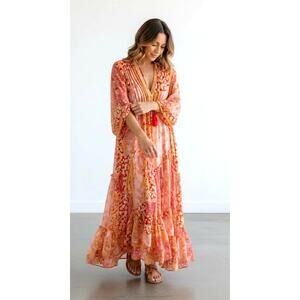 NWOT Talisman Boho Orange Floral Maxi Dress SMALL Tassel Tie Tiered Long Sleeve